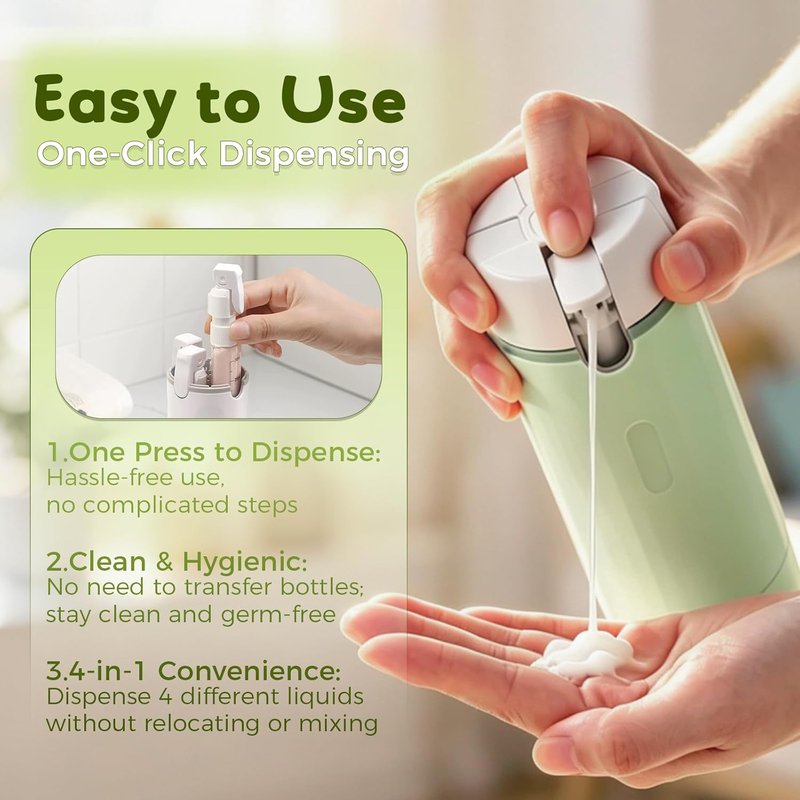 Travel Dispenser Bottle Set - 4 in 1 Refillable Containers for Shampoo, Lotion & Conditioner | Portable Travel Size (2 Pack, White & Green)