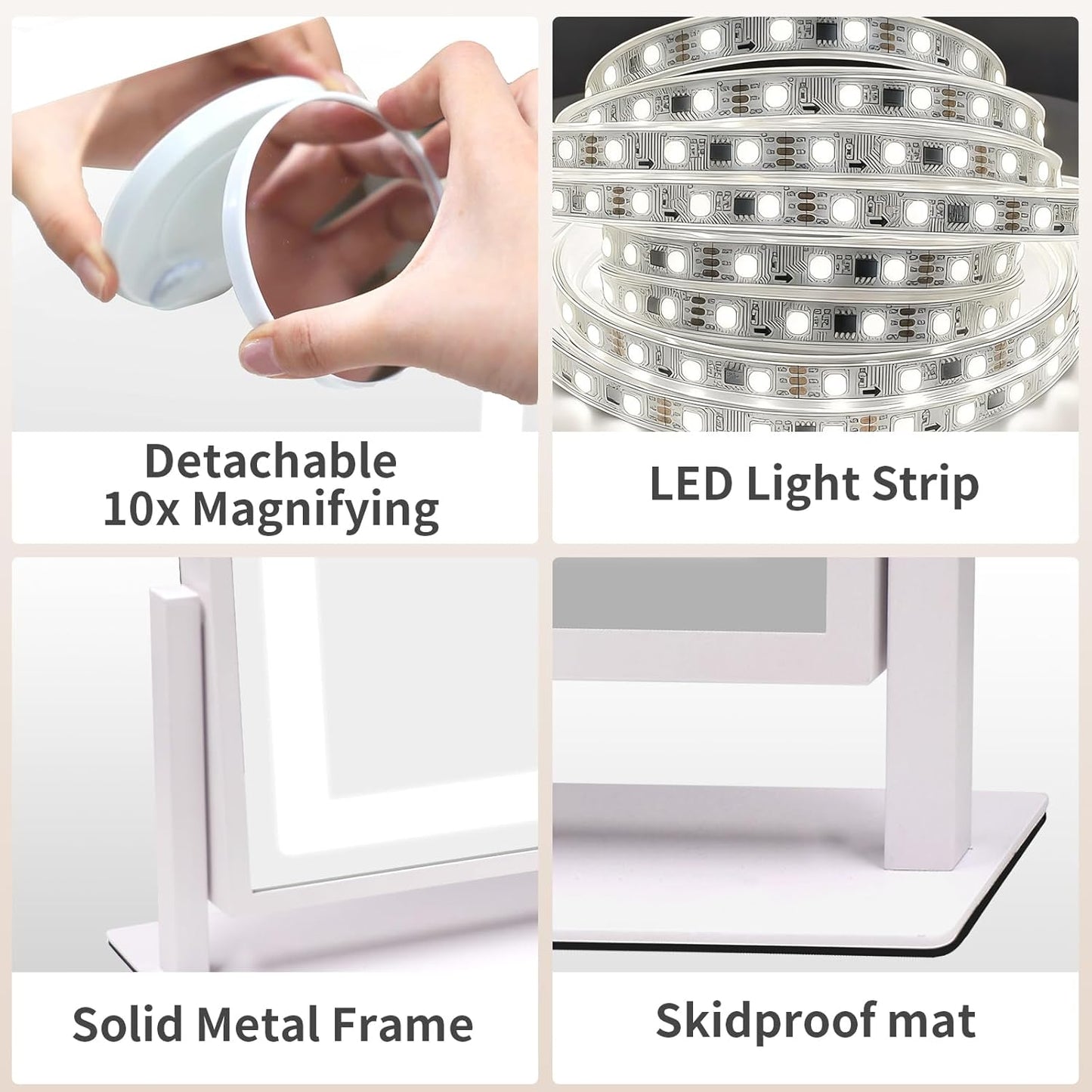 Lighted Makeup Mirror with Touch Control - 3 Color Modes, 10X Magnification & Dimmable LED | 24x19 Inch Desktop Mirror