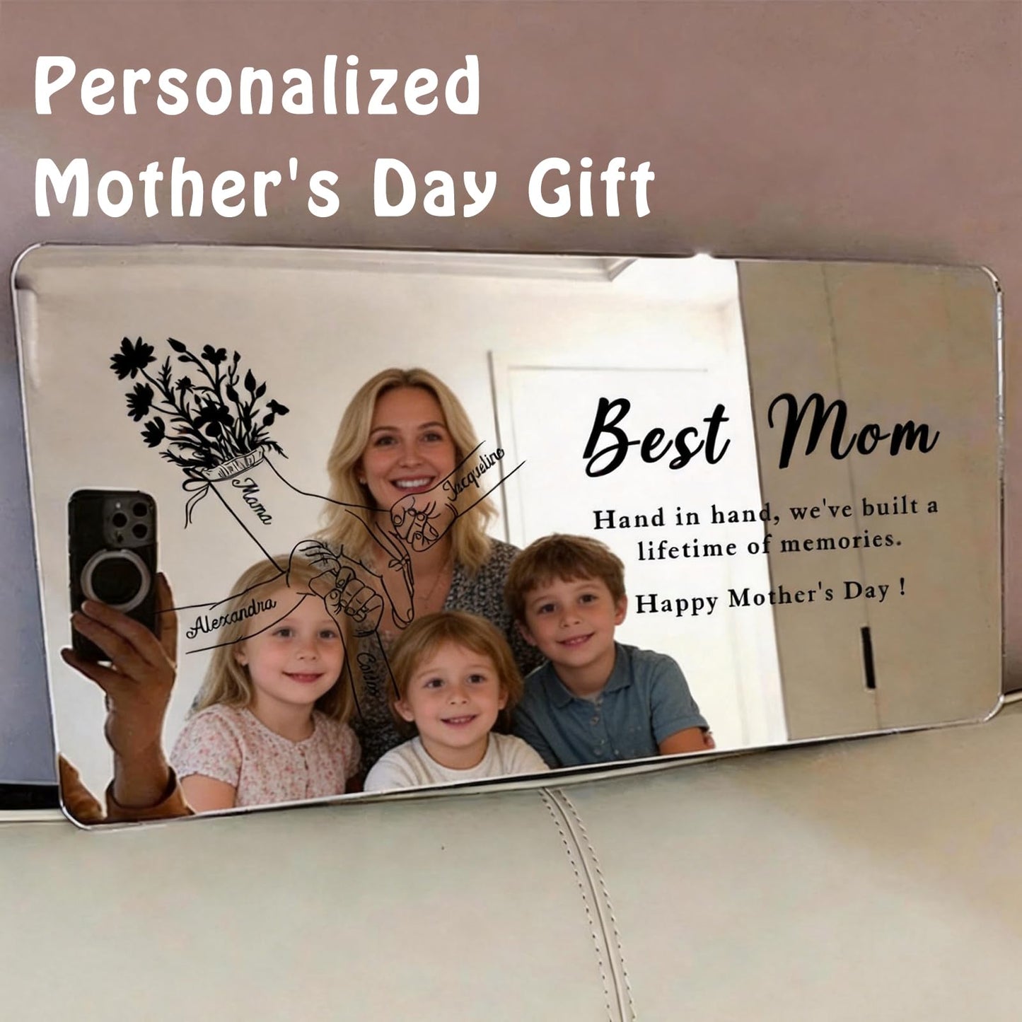 LogaPresent Hand in Hand Personalized Mom and Kids' Hands Mirror Light Custom Mommy Holding Hands Mirror with Kids Names for Mom Nana Grandma Mothers Day (Mirror-5)