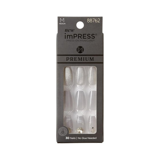KISS imPRESS Press-On Manicure - Gray V-Cut Stone Fake Nails | Medium Ballerina/Coffin Shape, Easy Application, 30 Count