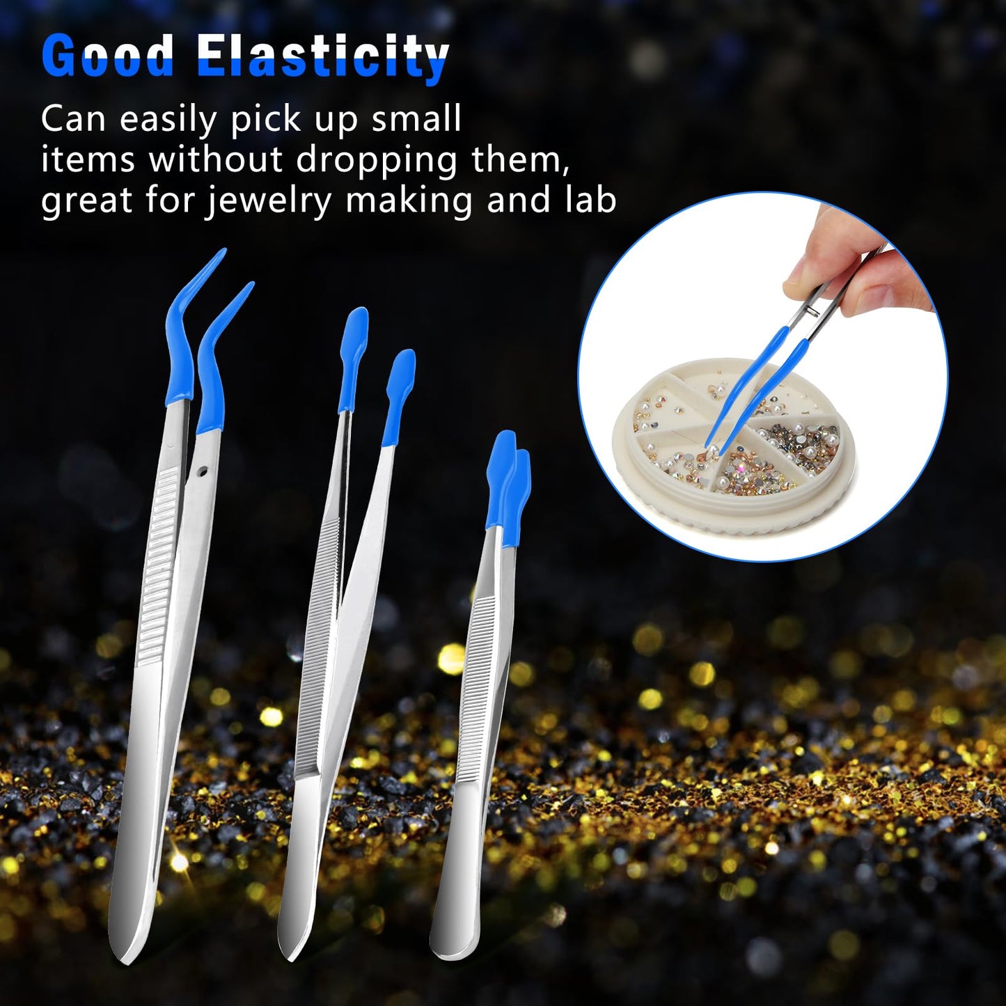 AngleKai 3PCS Tip Tweezers, Silicone Rubber Flat Tipped Tweezers Bent Tip for Jewelry Coin Stamp (Blue)