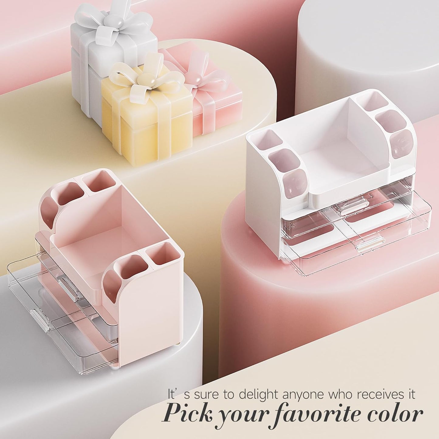Large Makeup Organizer - 6 Brush Holders & 2 Drawers | White Vanity Storage for Skincare, Lipsticks, and More