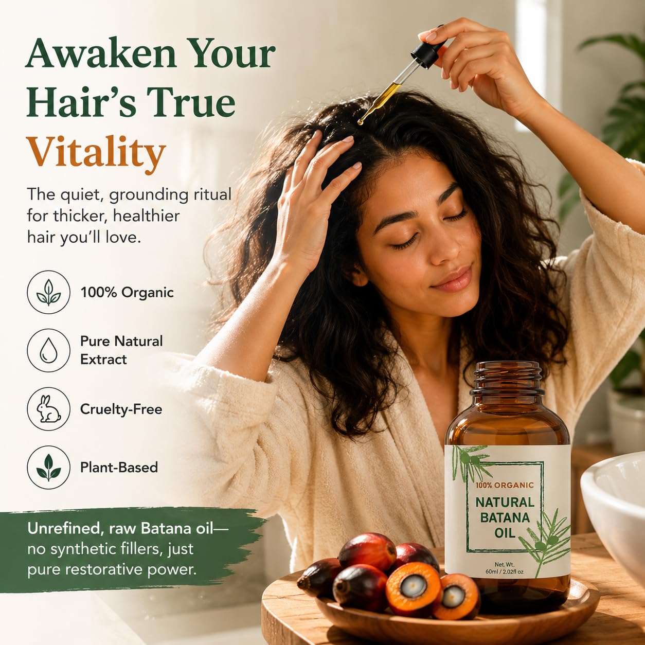 Batana Oil for Hair Growth – Dr Sebi Honduran Hair Oil for Thicker, Stronger Hair, Repairs Split Ends & Dry Scalp, Supports Hair Regrowth for Men & Women, Natural Hair Moisturizer (2.02 fl oz)