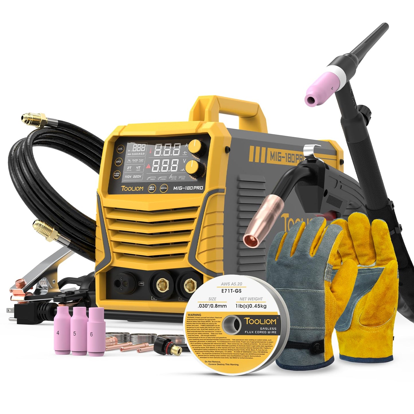 TOOLIOM 4 in 1 MIG Welder 180A Gas MIG/Flux MIG/Stick/Lift TIG Multiprocess Welding Machine 110V/220V Welder Kit with Lift TIG Torch