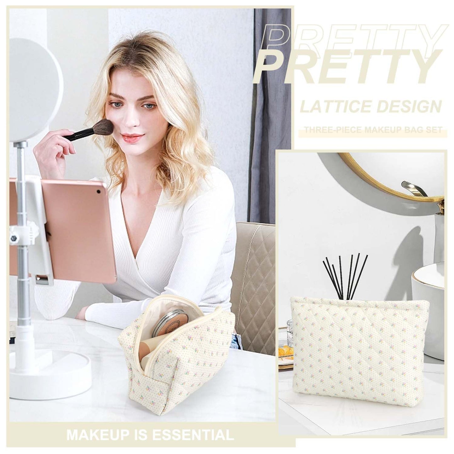 EIMMBD Makeup Bag 3 Pieces Large Capacity Checkered Cosmetic Bag Travel Toiletry Bag Organizer Cute Makeup Bag Pouch Storage Bag for Women(Beige Floral)