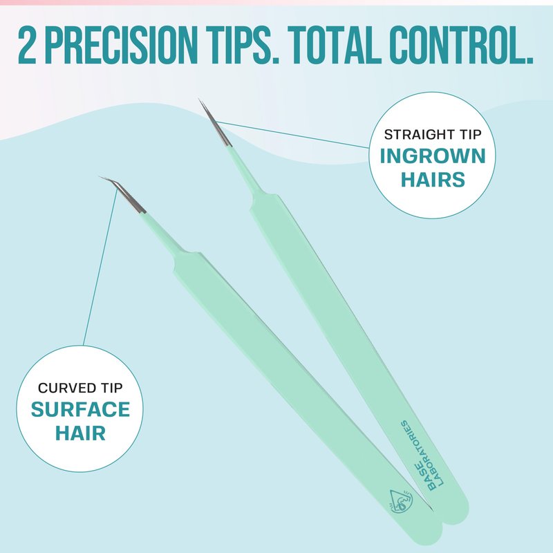 Base Labs Ingrown Hair Tweezers Set – 2 Pack Precision Tweezers for Ingrown Hair Removal, Curved & Pointed Tip Stainless Steel Tweezers with Protective Case for Razor Bumps, Splinters & Facial Hair