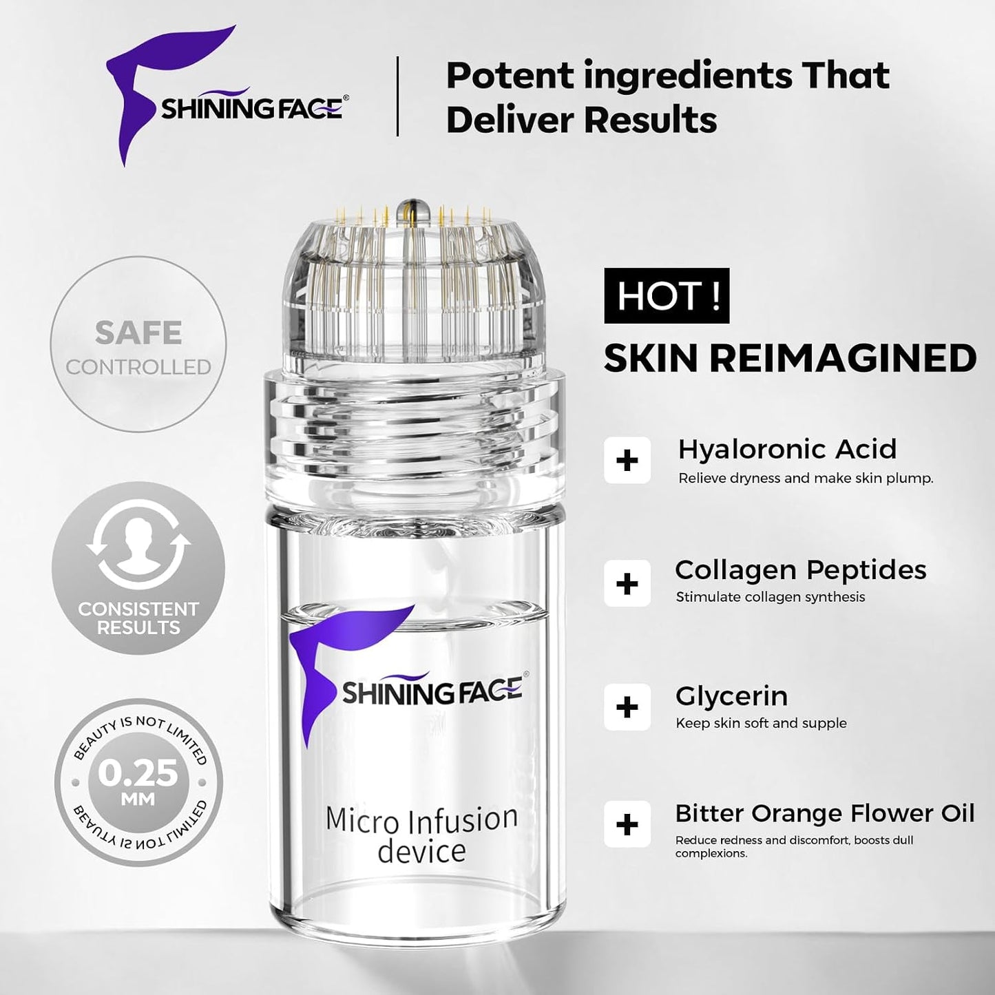 Micro Infusion System for Face & Neck | 0.25mm Facial Stamp with Collagen & Hyaluronic Acid Serum for Firm, Smooth Skin - 3 Month Supply