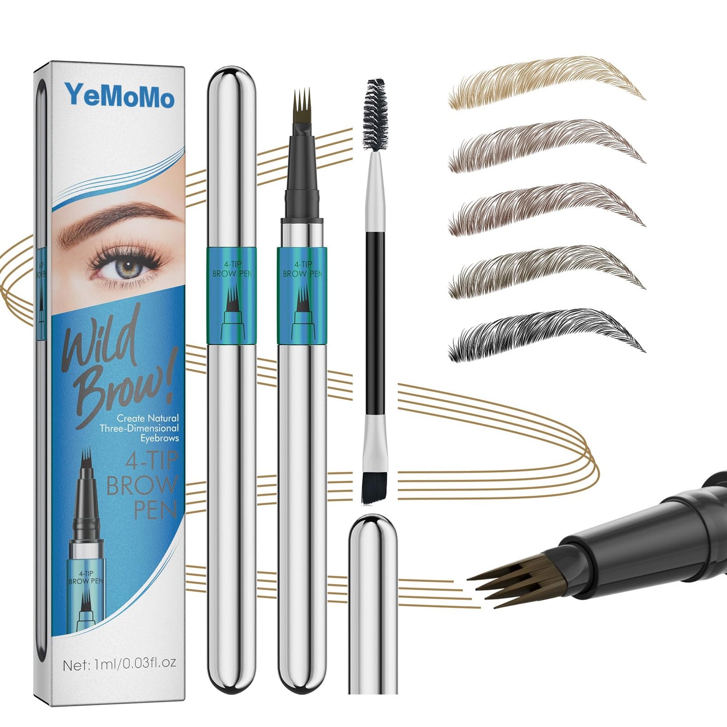 YeMoMo Wild Brows 4-Tip Eyebrow Pen, Natural Three-Dimensional Look, Non-Drying Formula, 5 Color Options, 1ml/0.03fl.oz, 3# Dark Brown