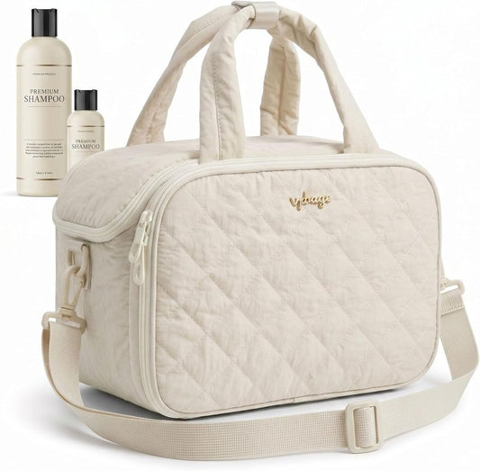 Large Quilted Toiletry Bag for Women - Puffy Travel Makeup Organizer with Removable Divider & Waterproof Design | Ideal for Gym & Vacation