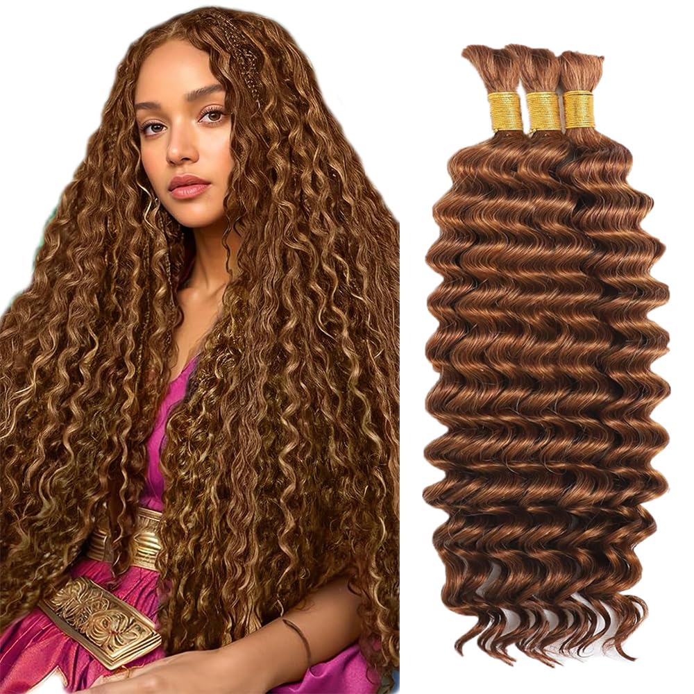 #30 Brown Human Braiding Hair for Boho Braids 150g 3 Bundles 34 34 34 Inch Brown Deep Wave Bulk Hair No Weft #30 Curly Human Hair Extensions for Braids Wet and Wavy Braid