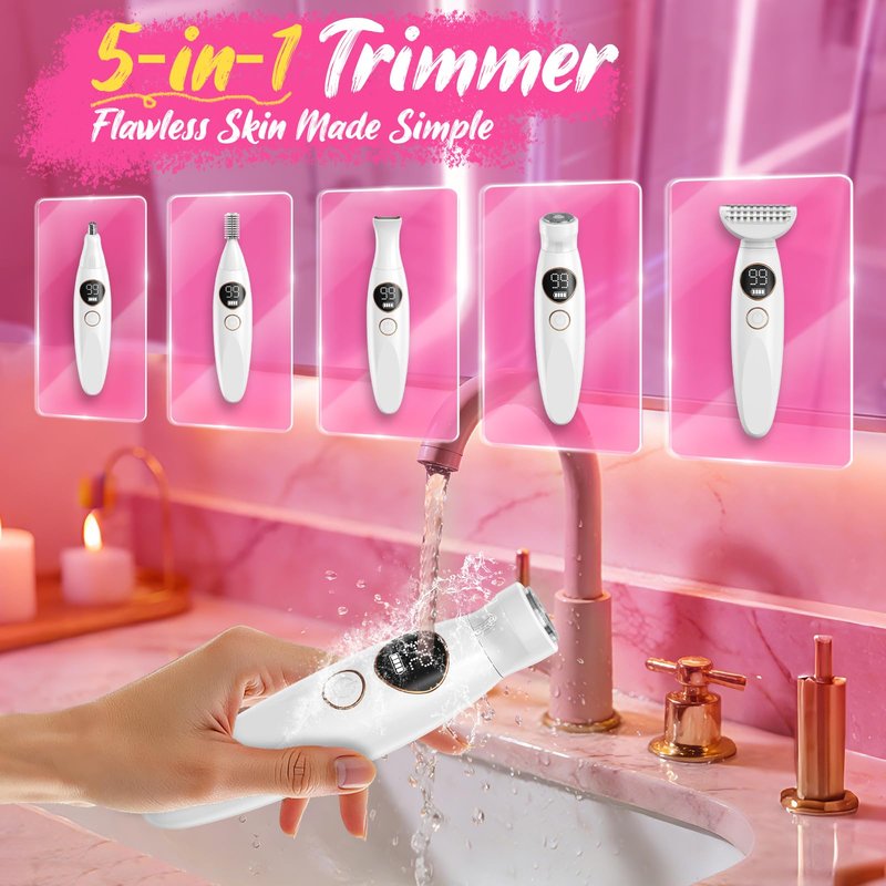 5-in-1 Bikini Trimmer for Women, Lady Electric Razor Shaver Replaceable- Waterproof Facial & Pubic Hair Trimmer with USB Charge Dock, Travel Cordless Body Shaver for Face/Legs/Underarm