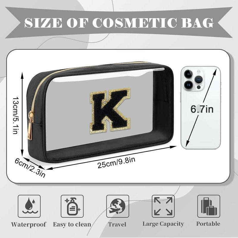 Personalized Initial Letter Clear Makeup Bag - Preppy Nylon & PVC Cosmetic Zipper Bag | Travel Toiletry Organizer for Teens & Women, Monogrammed Gift