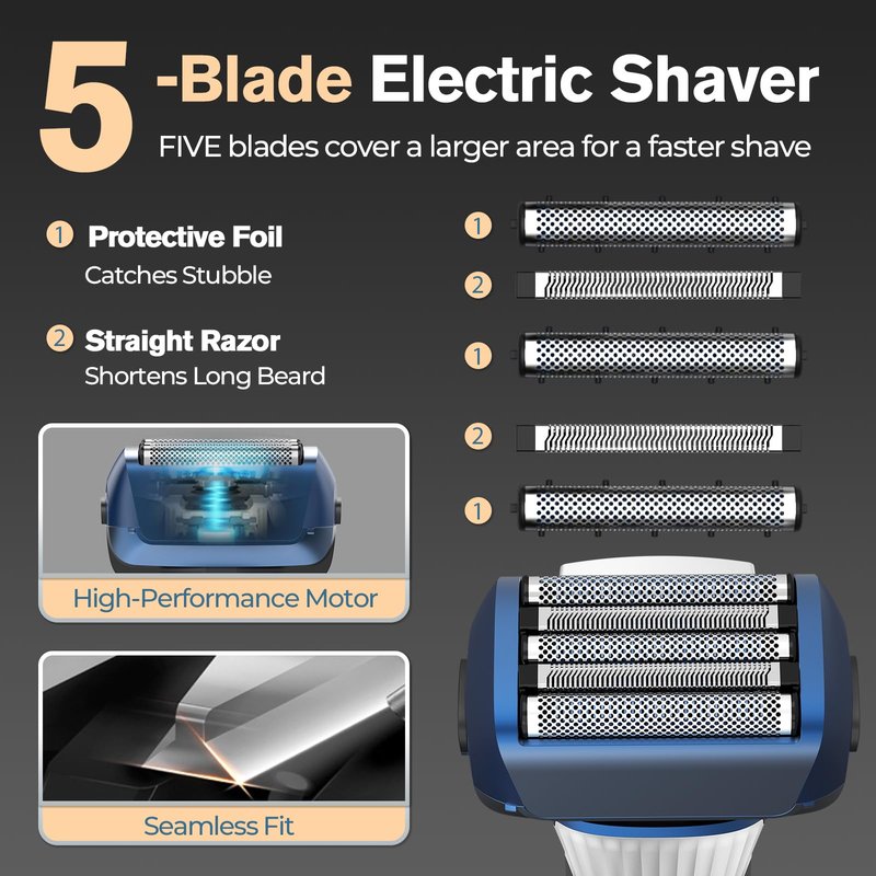 5-Blade Cordless Electric Razor for Men, 2-Speed Electric Shavers for Men Face, Close Shaving Men's Foil Shaver for Coarse Hair Wet/Dry USB-C Fast Charging &100 Min Runtime - Travel-Ready & Giftable