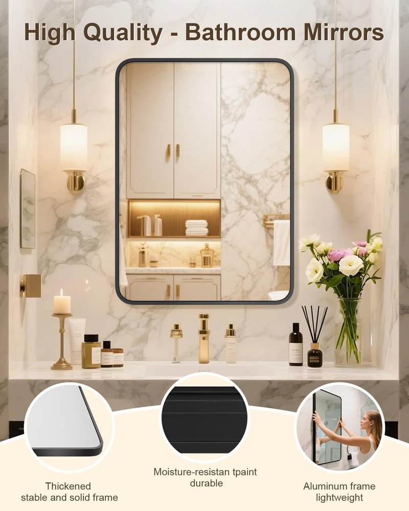 NBGV 22" x 30" Bathroom Mirror Black Bathroom Mirrors for Over Sink Modern Bathroom Vanity Mirror for Bedroom Entryway or Living, Metal Framed HD Tempered Glass Room Horizontal or Vertical
