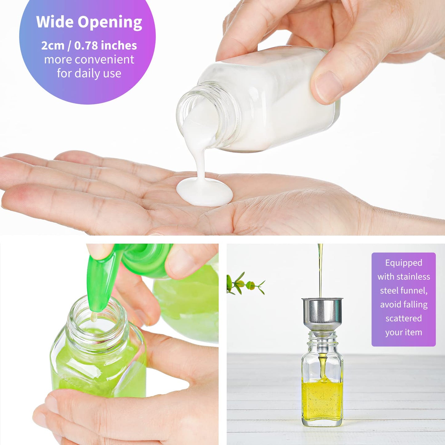 Syntic Clear Reusable Ginger Shot Bottles with Caps - 8 Pack 2 oz Small Square Glass Jars with 8 Sealed Conical Inner Caps & 8 Airtight Lids, Wide Mouth Juice bottles for Fridge, Extra Sticker, Funnel