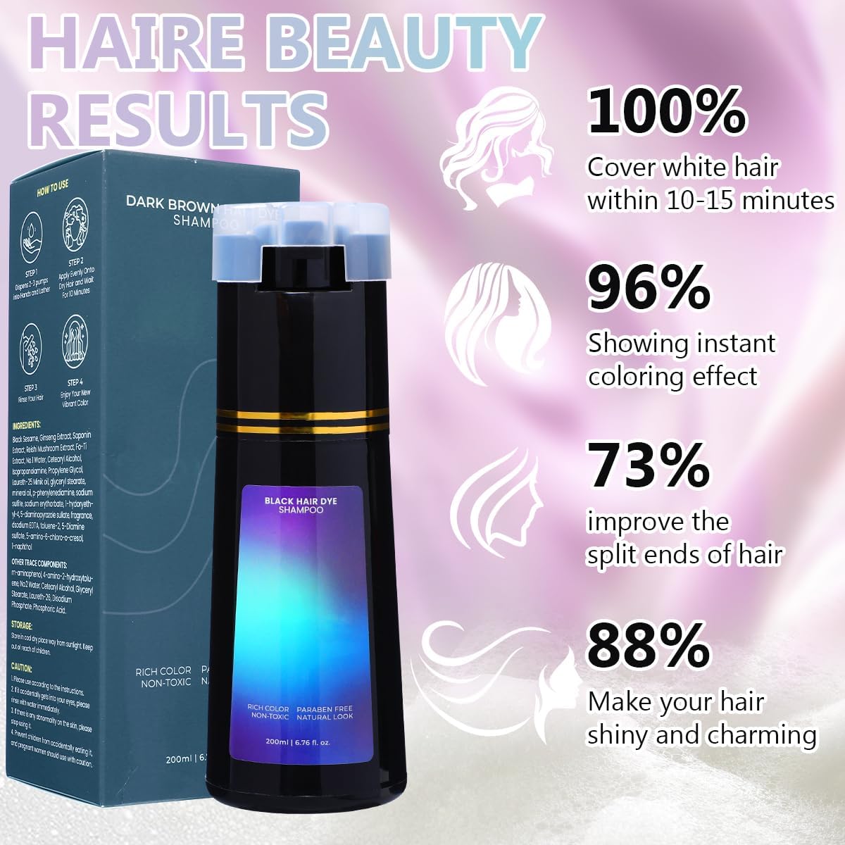 Instant Hair Color Shampoo - Herbal Formula for Gray Coverage | At-Home Hair Care for Men & Women (Black)