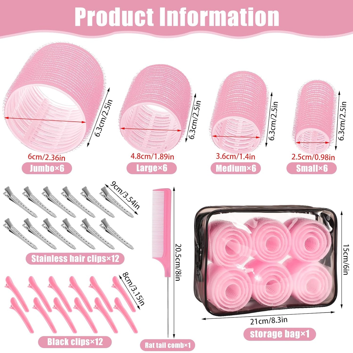 Self-Grip Hair Rollers Set - 50 Pcs for Long, Short Hair & Bangs | 4 Sizes (25mm, 36mm, 48mm, 60mm) - Pink