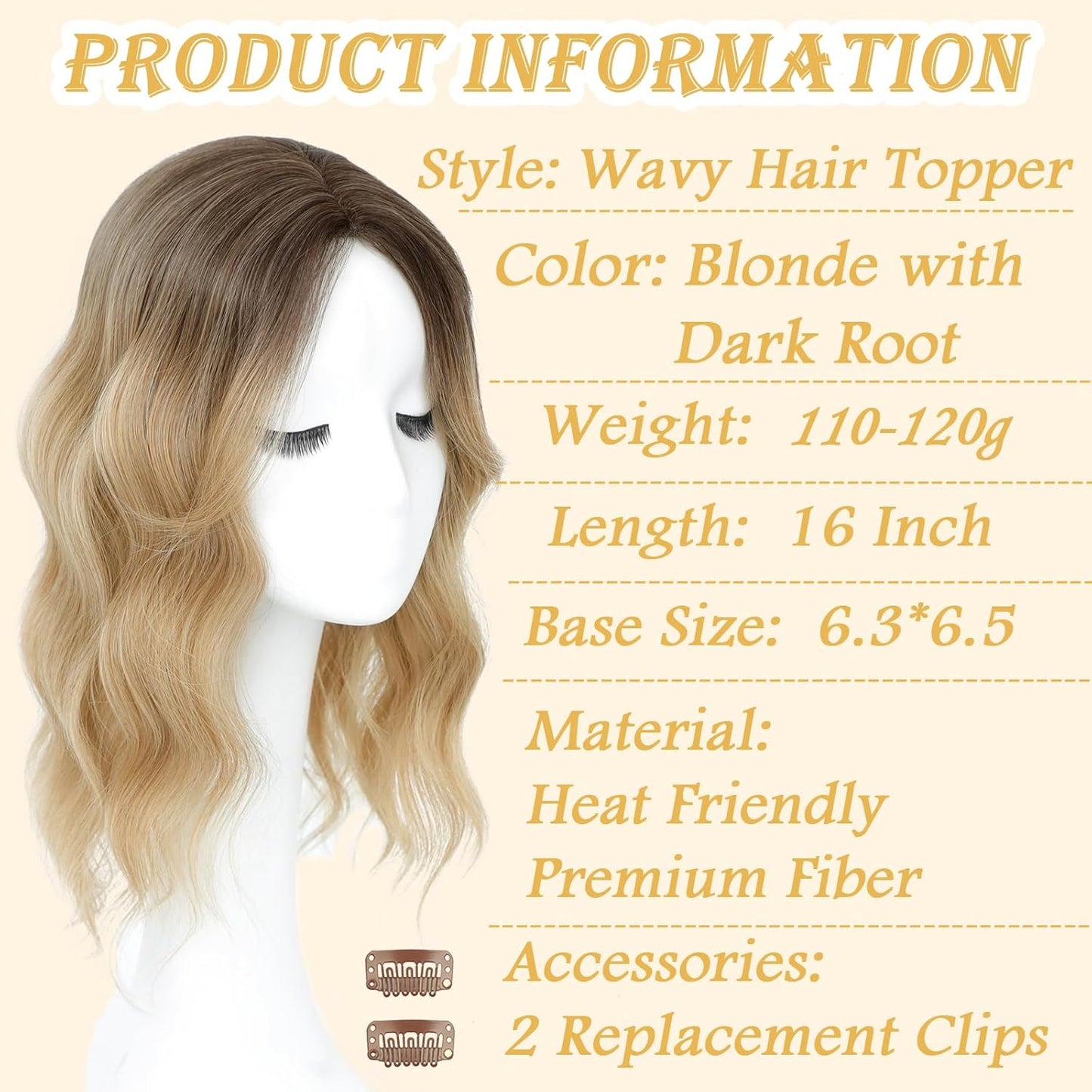 Hair Topper for Women - 16 Inch Synthetic Curly Wavy Clip-In with Curtain Bangs | Natural Volume & Coverage