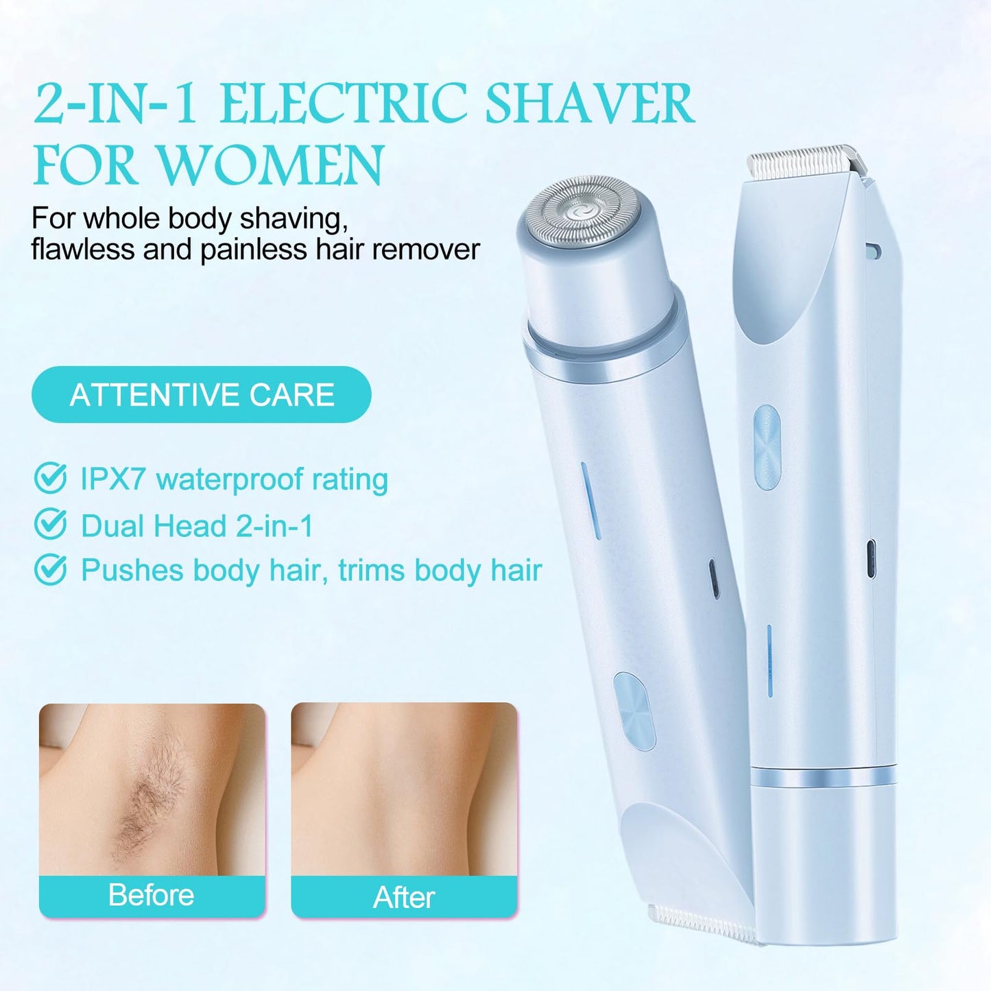 Bikini Trimmer for Women, 2 in 1 Electric Razors for Women, Rechargeable Cordless & Painless Hair Removal, Ultra Low Silent, Easy Cleaning, IPX7 Waterproof Bikini Shaver for Sensitive Skin (Blue)