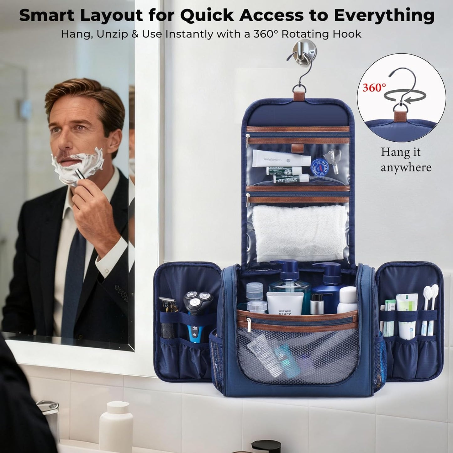 Large Hanging Toiletry Bag for Men - Travel Organizer with Hook | Navy Hygiene & Grooming Essentials