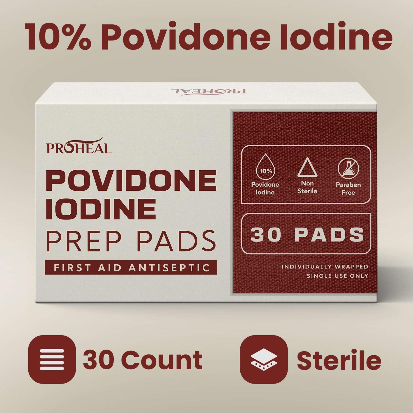 10% Povidone Iodine Prep Pads - 30 Iodine Swabs, Individually Wrapped - First Aid Antiseptic for Cleaning and Keeping Skin Clean