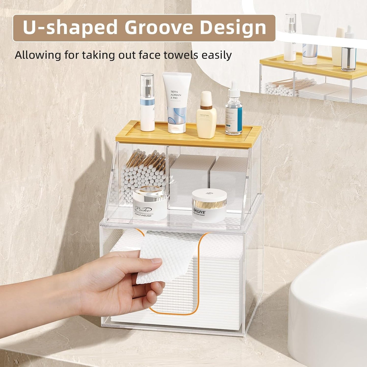 Acrylic Disposable Face Towel Holder - 2-Tier Organizer for Facial Towels & Cotton Pads | Clear with Bamboo Lid