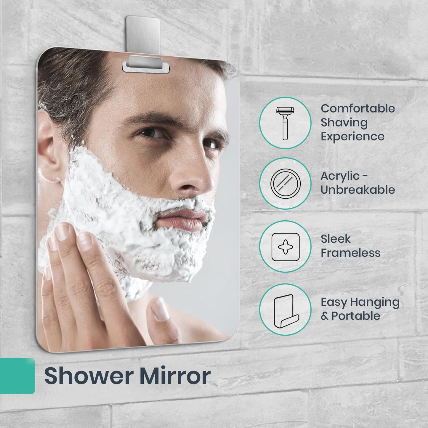 Mavoro 7x9 Shaving Mirror for Shower with 3M Adhesive Hook | Hang-Anywhere Shower Mirror | Acrylic - Unbreakable | Less Fogging | Sleek Frameless | Glassless Safety