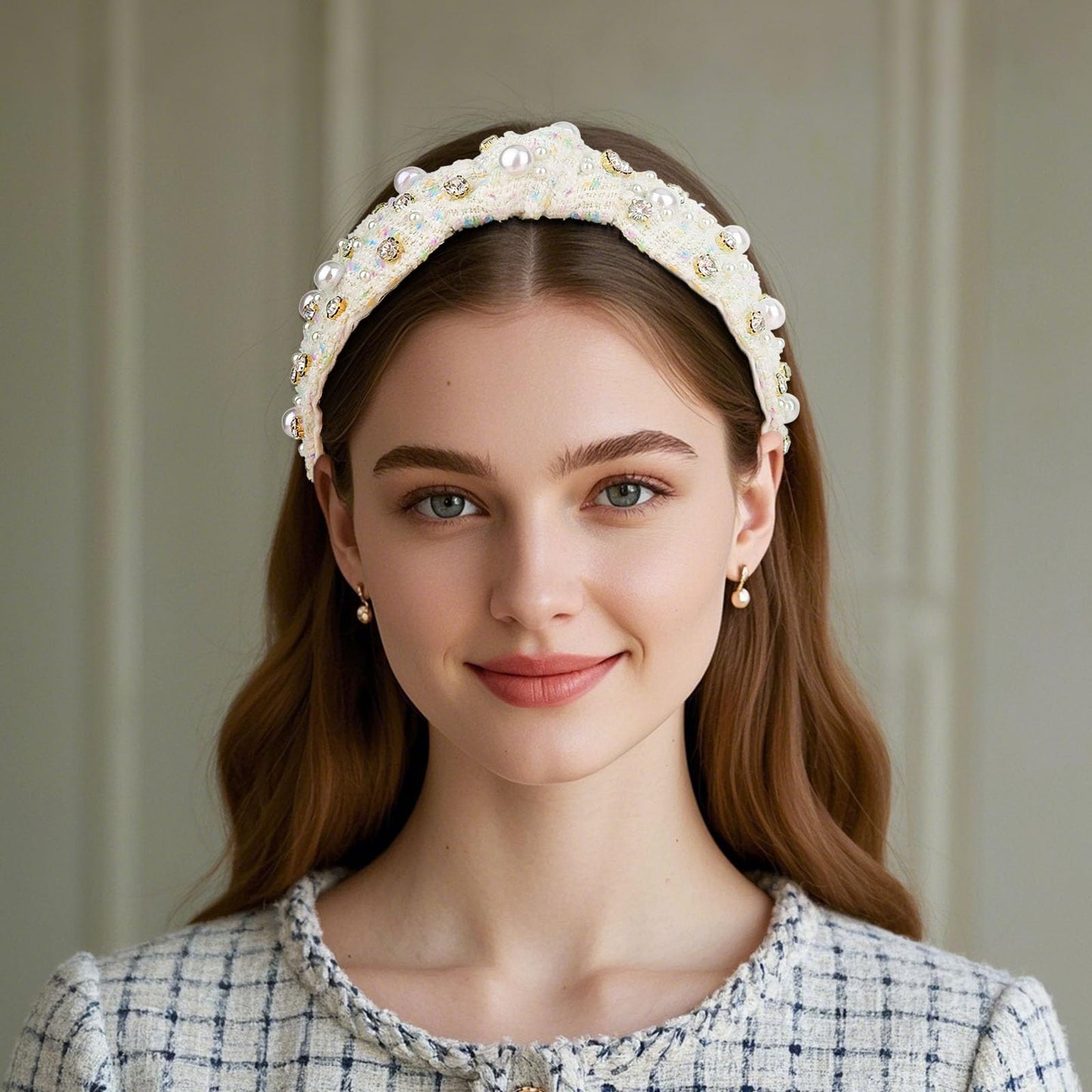 CURASA Knotted Headband For Women Girls White Pearl Rhinestone Checkered Head Band Non Slip Elegant Wide Hairband Top Knot Trendy Bride Headpiece Crystal Beaded Jeweled Embellished Hair Accessories