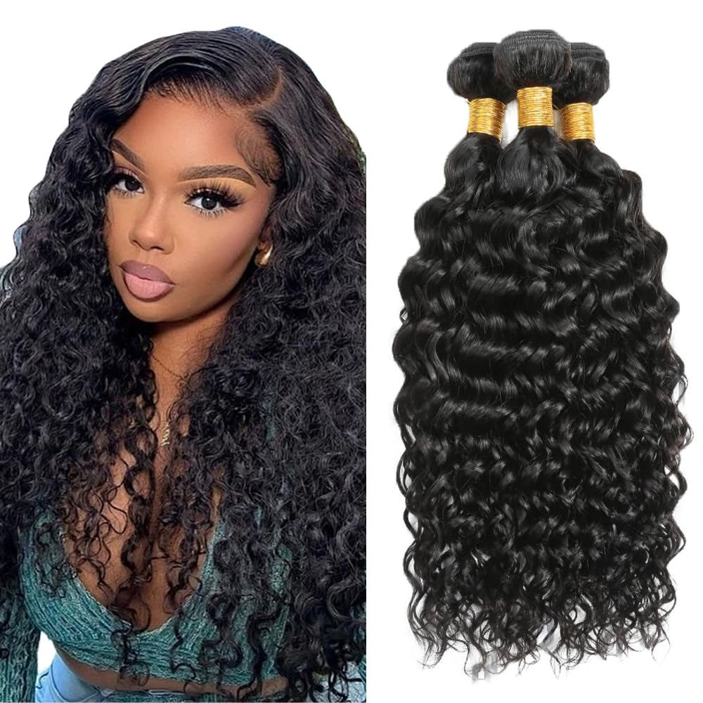 #1B Human Hair Bundles Natural Color Water Wave Bundles 22 24 26 Inch Black Bundle Unprocessed Brazilian Virgin Hair 3 Bundle 50 Gram Per Bundle Deals Quick Weave Hair Extensions