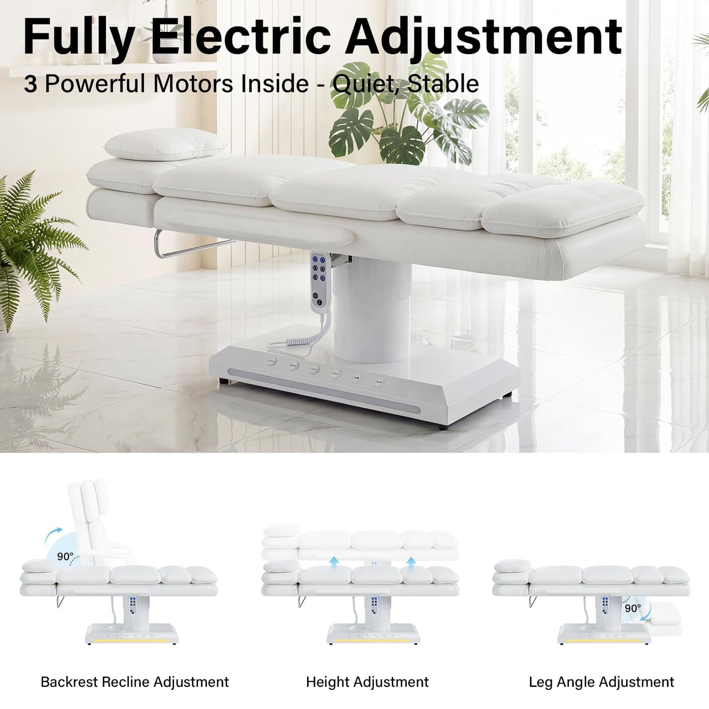 HolaiNail Electric Massage Table w/Stool, 3 Motor Professional Spa Bed, Foot Pedal & Remote Control, Height Adjustable Wide Facial Table for Salon & Spa (White | with Rolling Stool)