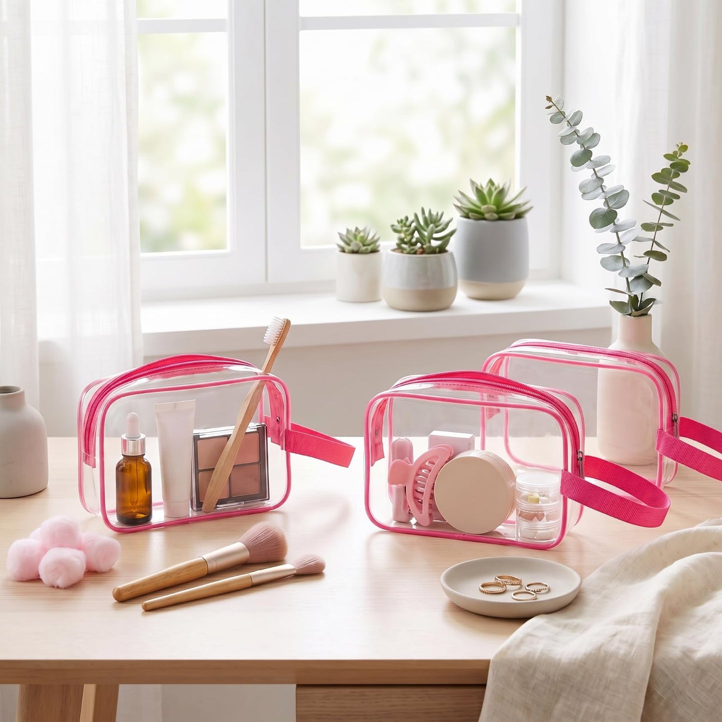 Silkfly 24 Pack Rose Pink Clear Toiletry Bag PVC Travel Cosmetic Bag with Handle Strap Makeup Pouch with Zipper for Women Summer Vacation Salon Teacher Gift