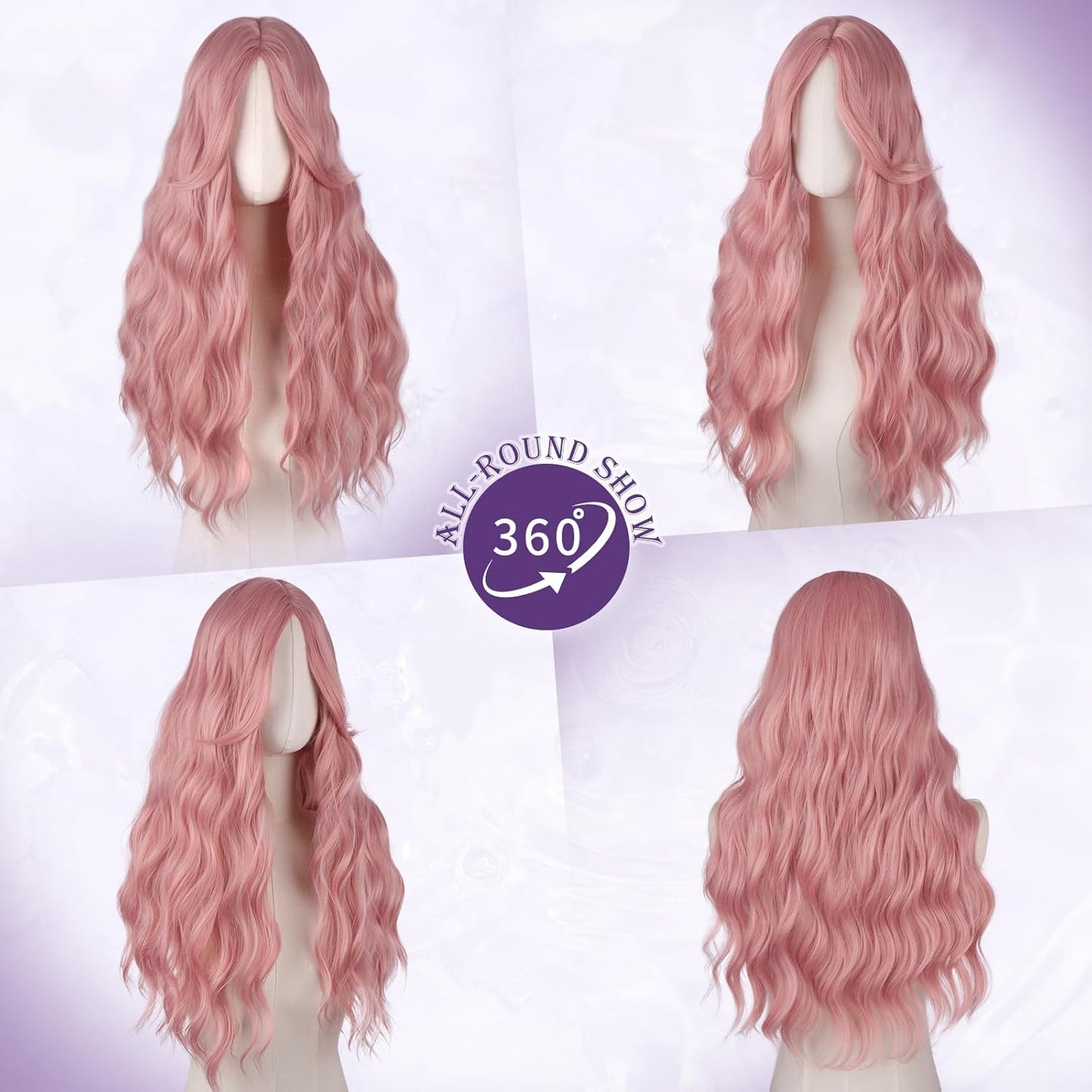 Pink Wigs for Women - Long Wavy Synthetic Hair Wig with Curtain Bangs | 26 Inch Natural Look for Daily Wear & Cosplay