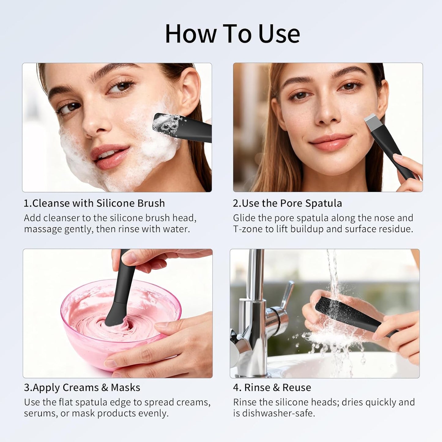 Blackhead Remover Tool - Stainless Steel Face Scraper & Skin Scrubber | 3-in-1 Deep Cleansing Tool with Mask Applicator & 2 Silicone Heads (Black)