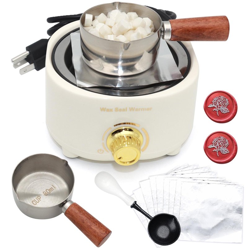 Andotopee Electric Wax Seal Warmer and Spoon Kit with 80ml Spoon, Non-Stick Sealing Wax Spoon, Tinfoil for Fast Melting Beads and Sticks - Sealing Melting Furnace Set for Stamp Seals Craft, White