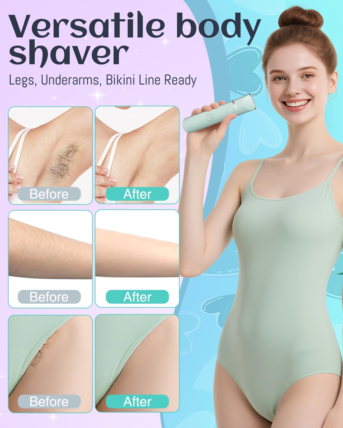 Bikini Trimmer for Women,Rechargeable Ladies Bikini Hair Trimmer Removal with Snap-in Ceramic Blades IP7X Washable Head,Pink