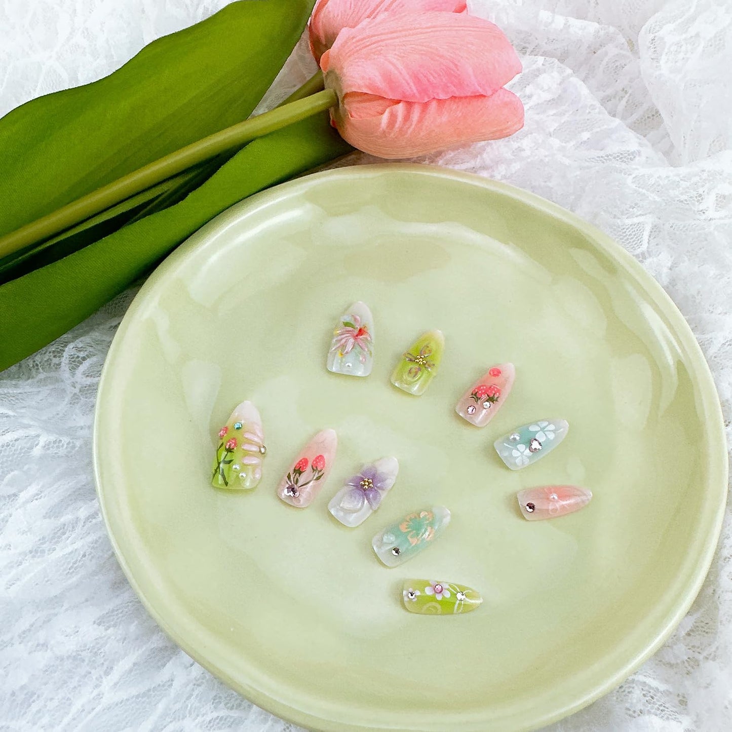3D Flower Press-On Nails - Medium Almond Shape with Pearl Rhinestones | Cute Strawberry & Pink Bow Designs