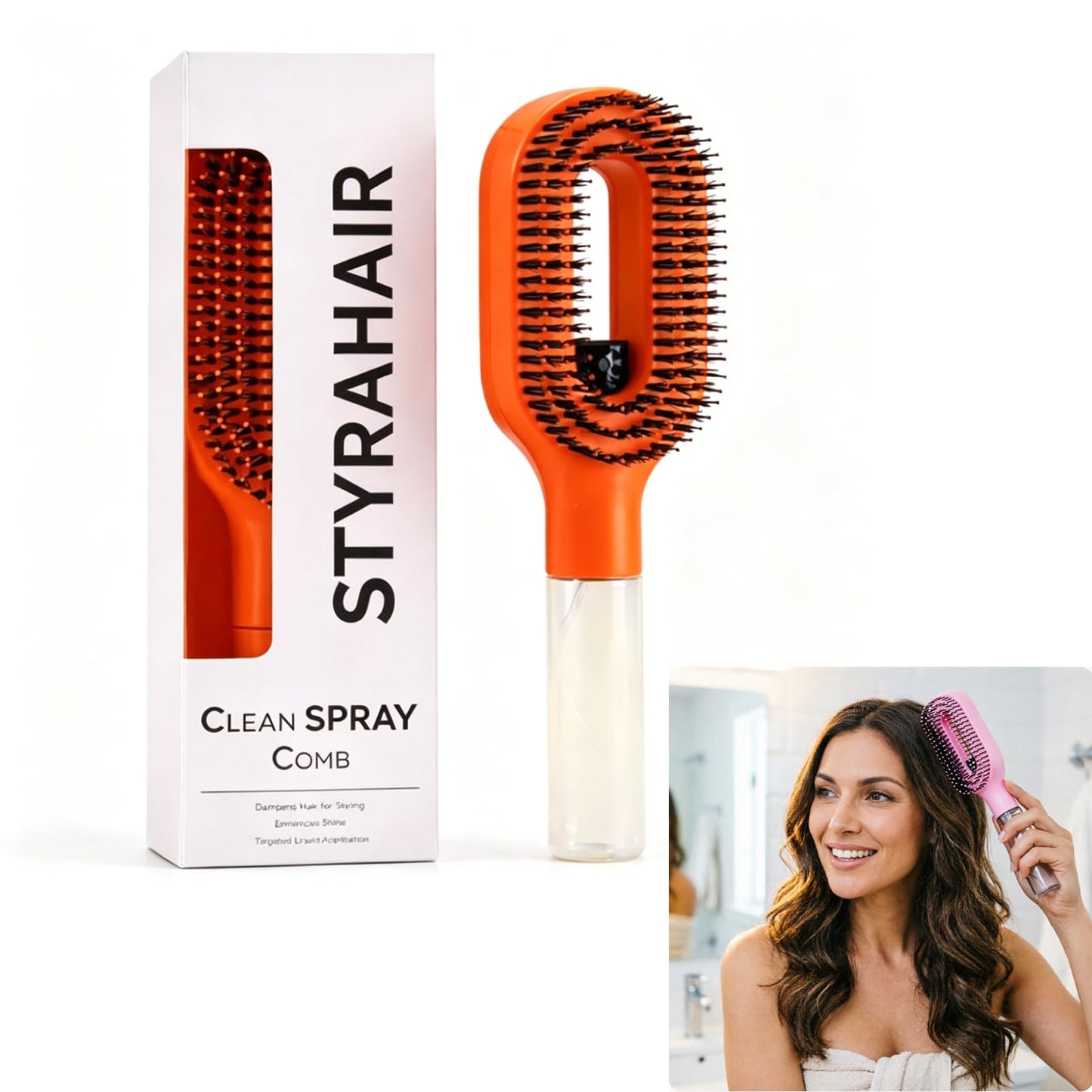 2-in-1 Detangler Hair Brush, With Built-In Mister Spray, Wet & Dry Detangling Brush for Curly, Wavy & Straight Hair | No-Tangle Anti-Frizz Hair Care Brush,Water Reservoir 50ml. (Orange)