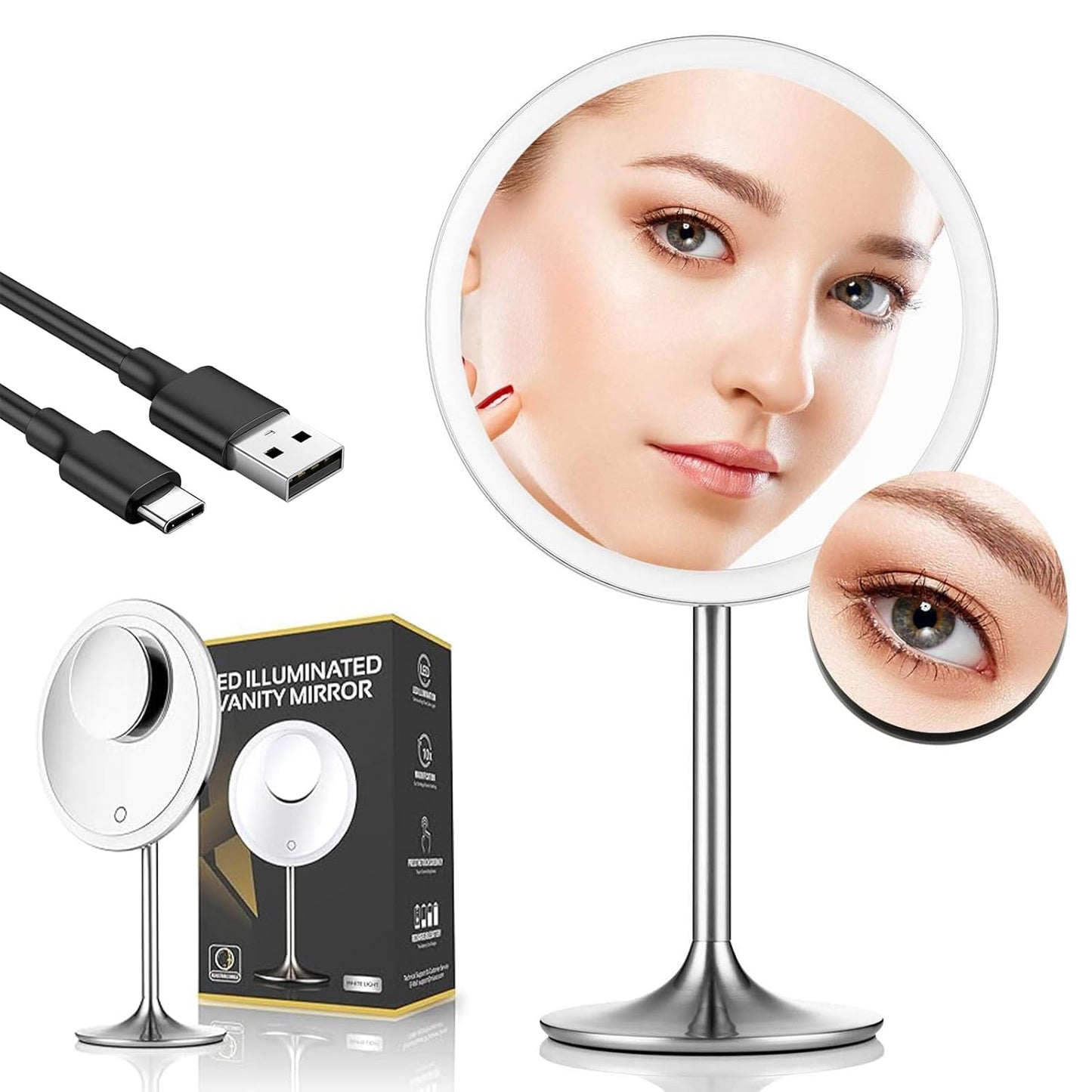 Vanity Makeup Mirror with Lights - 9-Inch, 5X & 10X Magnification, Rechargeable, Touch Dimming, Adjustable Angle