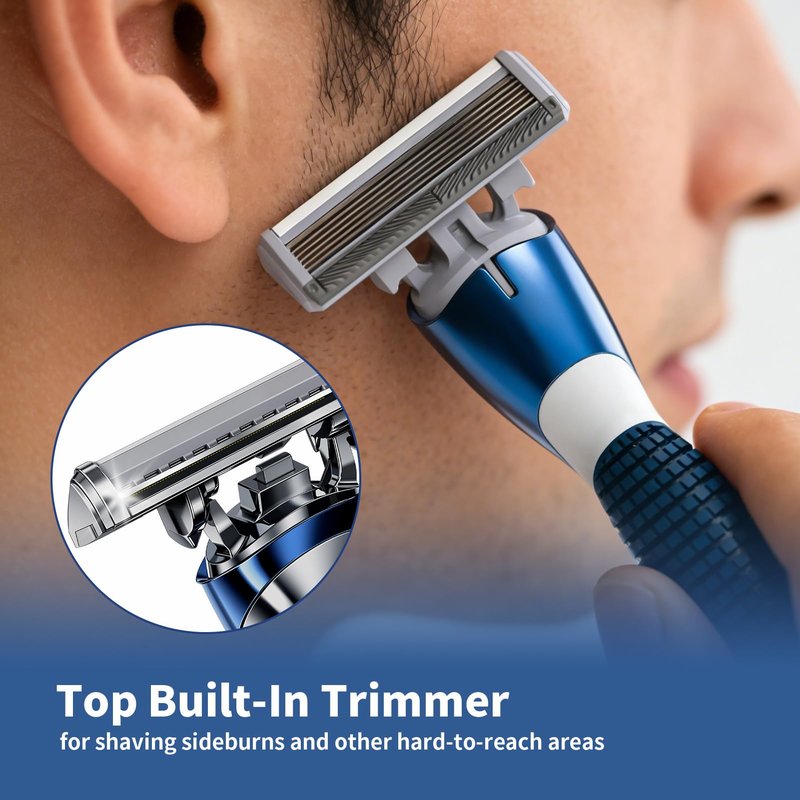 FYNEDGE 6-Blade Manual Razor for Men with Lubricating Strip, 1 Ergonomic Non-Slip Handle Includes 2pack Razor Blade Refill Cartridges, with Hanging Hook & Cleaning Brush, Full Washable Design