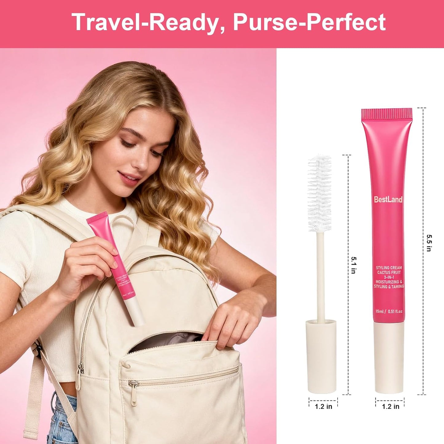 Cactus Fruit 3-in-1 Hair Styling Cream & Taming Wand - Smooth Flyaways, Control Frizz | Vegan, Lightweight Formula, Precision Brush