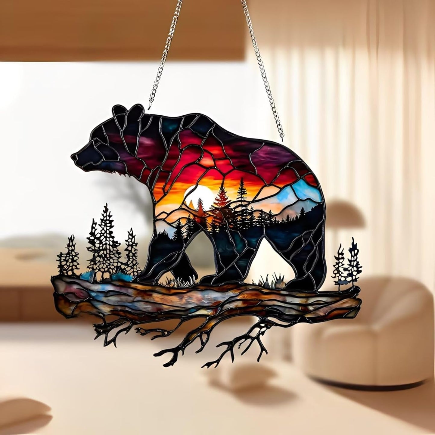 Bear on Branch Acrylic Suncatcher - 7.08 Inch Stained Glass Style Window Decor | Rainbow Maker Wall Art & Garden Ornament