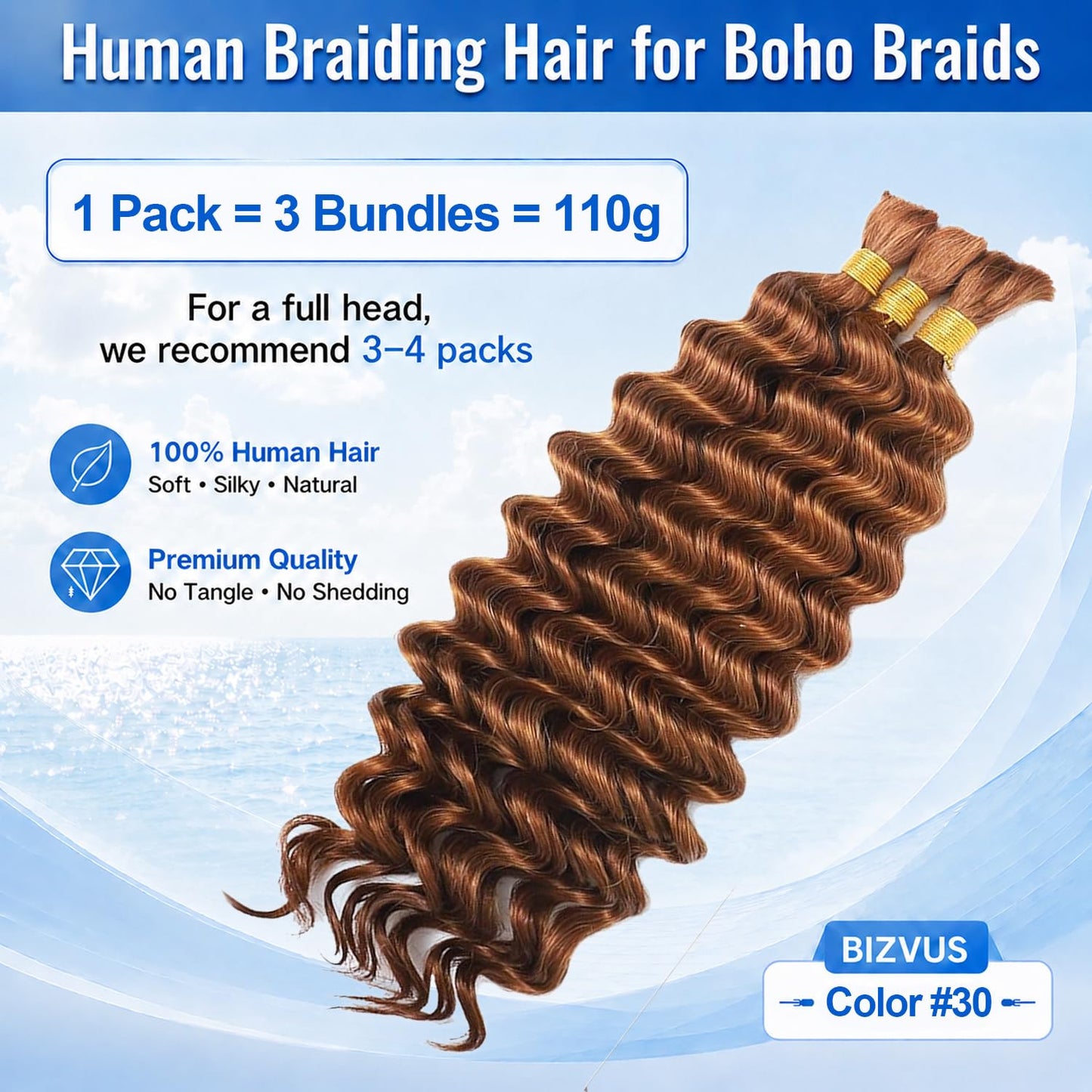 BIZVUS Human Braiding Hair for Boho Braids 110g Deep Wave Boho Bulk Human Hair for Braiding Knotless 12A Wet and Wavy Bulk Bohemian Curly 3 Bundles/Pack #30 Auburn Ginger Color 20 inch