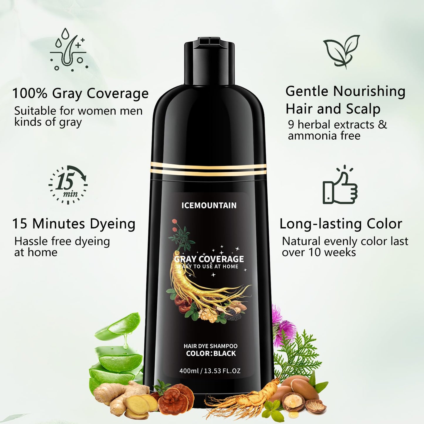 Black Hair Dye Shampoo, Gray Hair Coverage Ammonia Free & Paraben Free Natural Herbal Ingredients Semi Permanent Hair Color Shampoo for Women Men