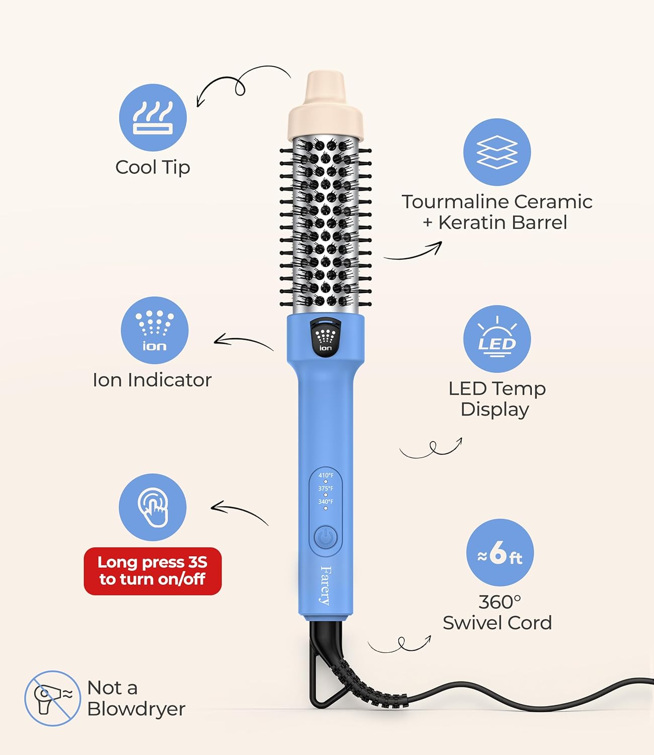 Ionic Thermal Brush - 1.2 Inch Heated Curling Brush with Tourmaline Ceramic Barrel | 3 Heat Settings, Dual Voltage for Travel