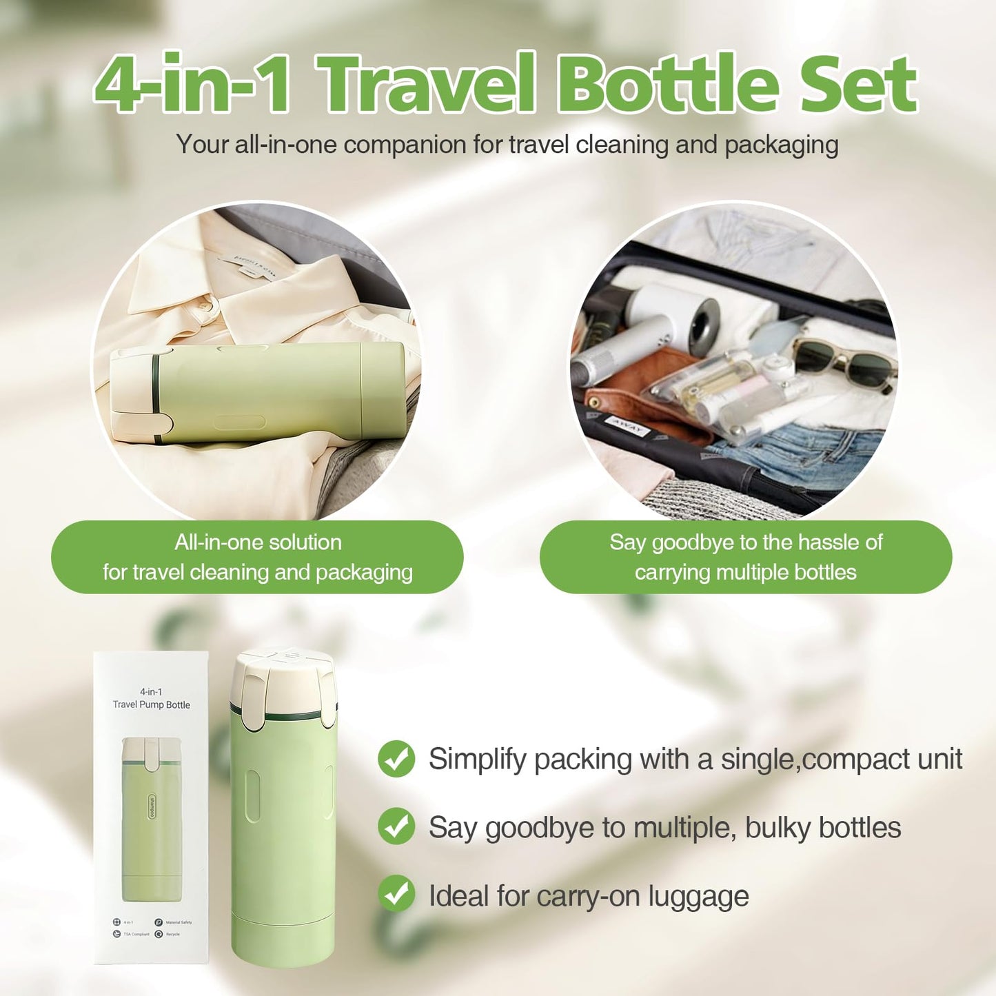 4 in 1 Travel Bottle,Travel Dispenser Bottles Refillable, 4 Pack 30ML for Storing Shampoo, Shower Gel, Laundry Detergent, Travel, Camping and Gym