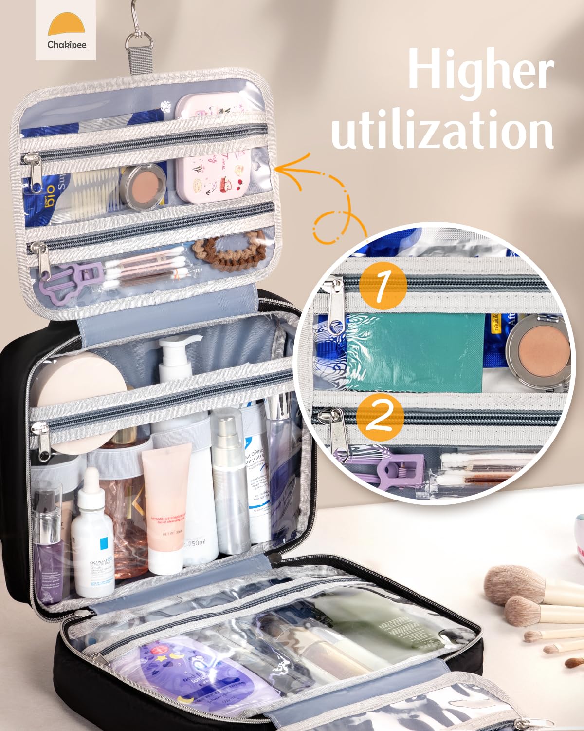 Chakipee Travel Hanging Toiletry Bag for Women - Waterproof Cosmetic Organizer with Clear Window, Lightweight Bathroom Bags for Essentials, Makeup, Shampoo, Toiletries Black,Large