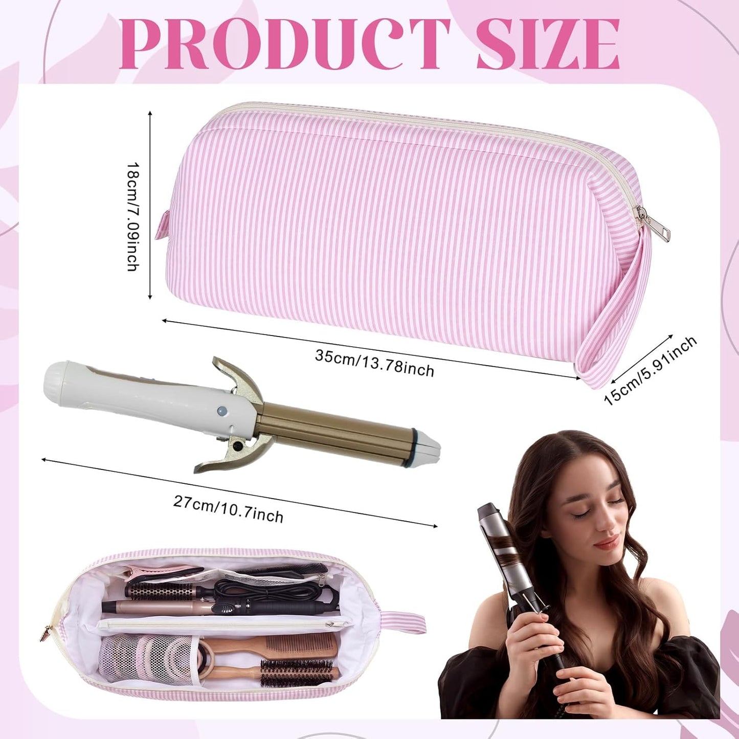 Hair Tools Travel Bag - Large Pink Striped Quilted Organizer for Hair Dryer & Styling Tools | Perfect for Travel