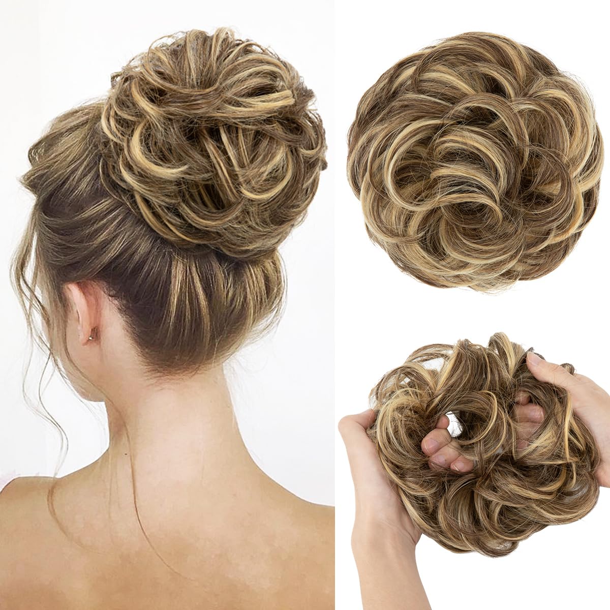 Large Messy Bun Hair Piece - Wavy Curly Synthetic Chignon Ponytail Extensions for Women | Dark Brown