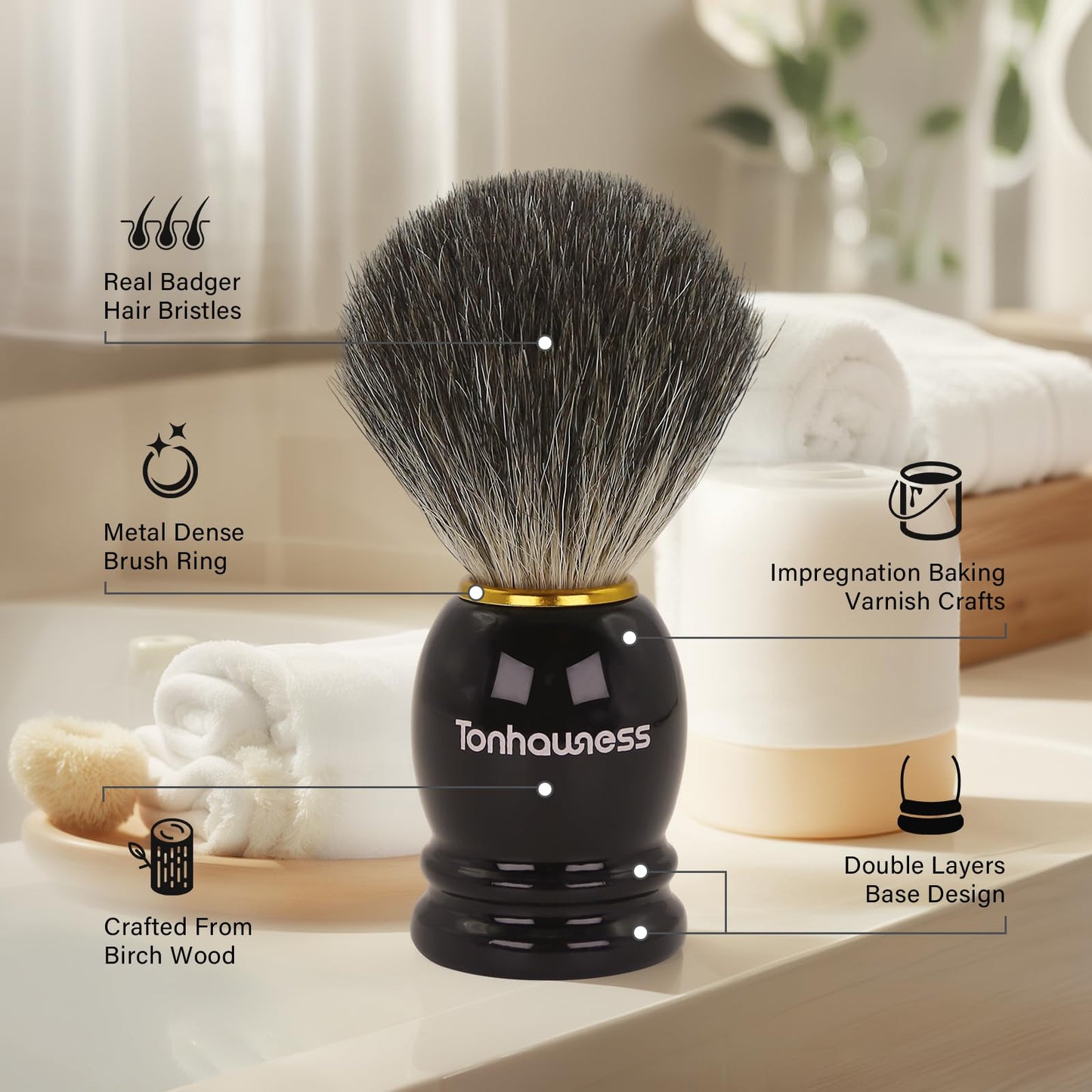 Badger Hair Shaving Brush With Wood Handle, Goat Milk Shaving Soap, Dual-ring Base Stainless Steel Shaving Stand Holder and 3 Layers Shaving Bowl for Men's Wet Shaving (Black With Badger Hair)