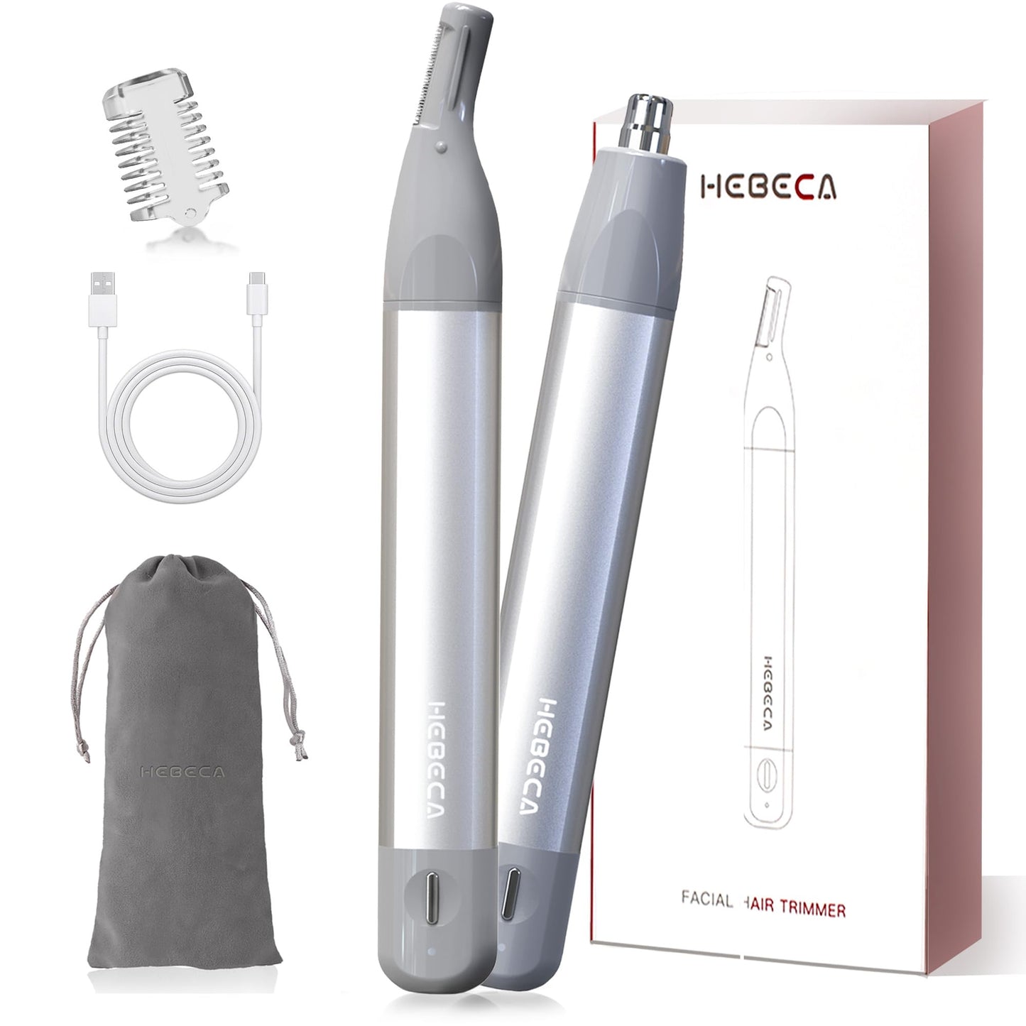 HEBECA Nose Hair Trimmer for Men & Women - 2in1 Rechargeable Ear and Nasal Hair Trimmer, Waterproof Nose Clipper, Electric Eyebrow Trimmer & Facial Hair Remover Grooming Set (Silver Grey)